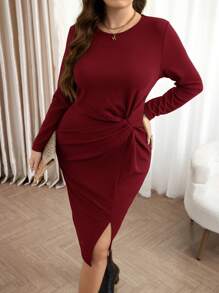 SHEIN LUNE 长袖连衣裙大码橄榄绿休闲纯色长袖开衩扭纹中长连衣裙，秋冬大码秋季服装