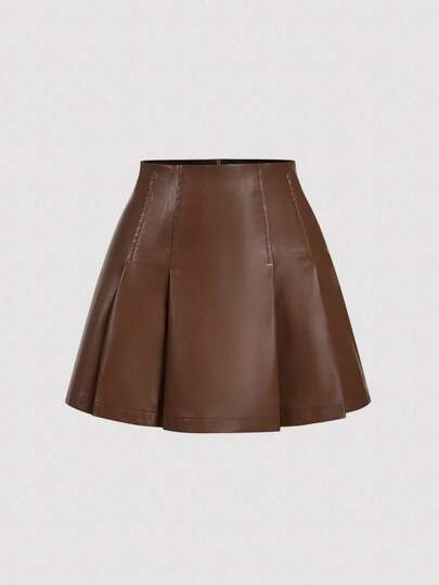 SHEIN MOD Winter Pu Leather Skirt,Coffee Brown Skirt Women Plain Color Pleated Zipper Back Minimalist A-Line Skirt, Casual Everyday Wear,