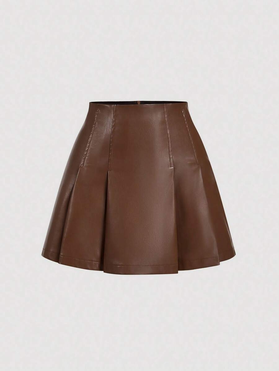 SHEIN MOD 女士纯色褶皱拉链后背简约 A 字裙，休闲日常穿着 - 棕色 - 查看 1