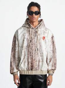 Manfinity VCAY Men's Loose Fit Digital Print Hooded Knit Sweatshirt, For Fall Winter - Khaki - View 1