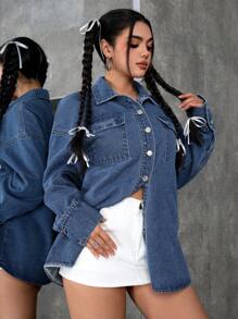 SHEIN PETITE Chaqueta vaquera casual suelta con lavado de agua, otoño