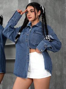 SHEIN PETITE Chaqueta vaquera casual suelta con lavado de agua, otoño