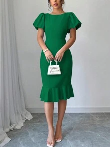 Selianne Elegant Solid Color Petal Sleeve With Ruffle Hem Bodycon Dress - Green - View 4