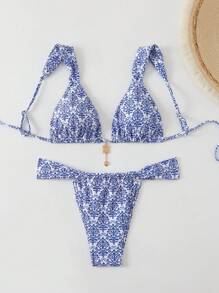 Swim Vcay Women's Summer Blue & White Porcelain Print Spaghetti Strap Metal Pendant Sexy Bikini Set - Blue and White - View 1