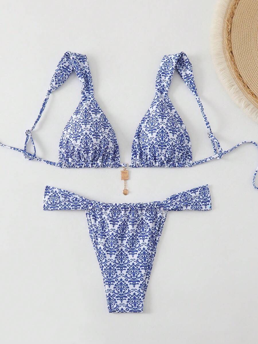 Swim Vcay Women's Summer Blue & White Porcelain Print Spaghetti Strap Metal Pendant Sexy Bikini Set - Blue and White - View 1
