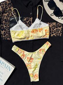 SHEIN Swim Women's Ditsy Floral Strap Frill Front Top And High Cut Bikini Set Summer