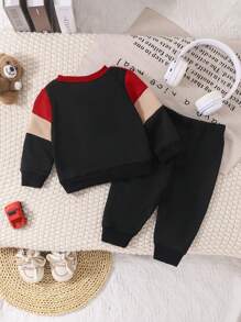 SHEIN Playful Pals 男宝宝秋冬休闲拼色熊印花卫衣和运动裤套装