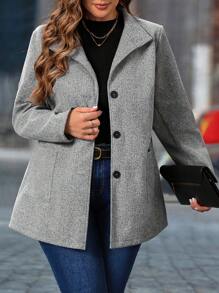 SHEIN LUNE Elegant Solid Color Pocket Overcoat For Plus Size Women, Autumn/Winter - Grey - View 4