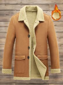 Manfinity Homme Men's Western Cowboy Style Autumn And Winter Warmth Khaki Suede Medium-Length Turn-Down Collar Button-Front Jacket Coat, Fall And Winter Men Going Out Fashion Warm Long Sleeve Color Block Jacket, For Friends, Husband, Boyfriend Gifts