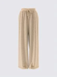 SHEIN BASICS 休闲纯色针织双面绒高腰阔腿宽松保暖女裤 - 卡其色 - 查看 7