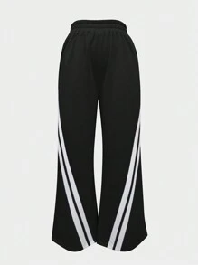 SHEIN 女士松紧腰侧条纹直筒宽松休闲运动裤 - 黑色 - 查看 3