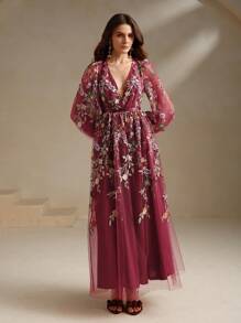Anewsta V-Neck Puff Sleeve Mesh Embroidered Elegant French Style Dress Burgundy Maxi Women Outfit - Burgundy - View 4