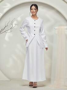 Graceveil Baju Kebaya 2pcs/Set Solid Color Button Front Long Sleeve Top And Skirt Casual Suit Modest