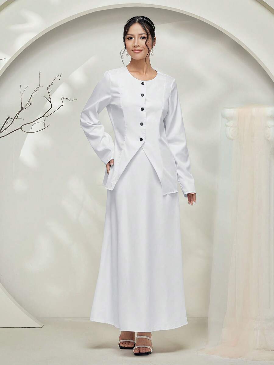 Graceveil Baju Kebaya 2pcs/Set Solid Color Button Front Long Sleeve Top And Skirt Casual Suit Modest