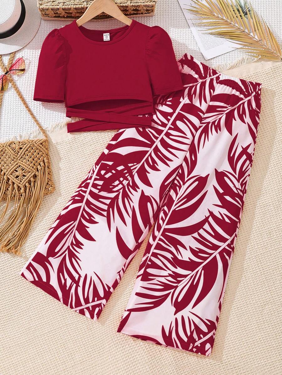 Sparklyn 2pcs/Set Tween Girl Solid Color Round Neck Short Sleeve Simple Top And Long Pants Set - Burgundy - View 1
