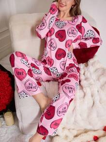Digitaltryckt pyjamasset med hjärtmönster, 140 g, 100 % mjölksiden, för damer, med enkelriktat tryck och positioneringsskärning, för alla hjärtans dag, höst- och vinterkläder - Multifärgad - Visa 6