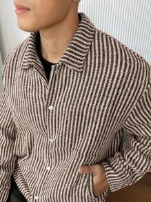 Manfinity Hypemode Men's Front Button Long Sleeve Striped Casual Jacket, For Everyday Wear - Brown - View 5