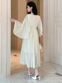 DAZY Women Stand Collar Pleated Ruffle Sleeve Mid-Calf Dress Prom Dress Sundress,Fall Clothes Long Sleeve Dress Wedding Women Dresses Elegant Women Dresses - Beige - View 2