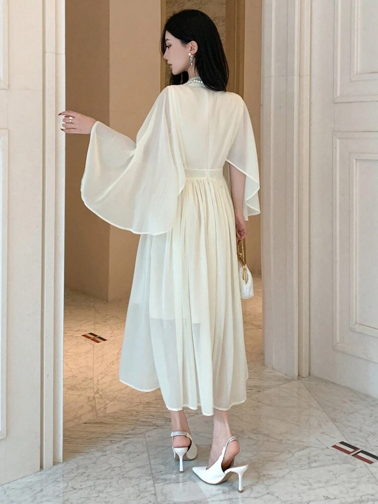 Women Stand Collar Pleated Ruffle Sleeve Mid-Calf Dress Prom Dress Sundress, Fall Clothes Long Sleeve Dress Wedding Women Dresses Elegant Women Dress