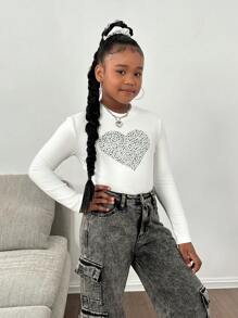 SHEIN Leap Crew Blusa de punto informal de calle para niñas preadolescentes con cuello alto elástico y mangas largas - Blanco - Ver 6
