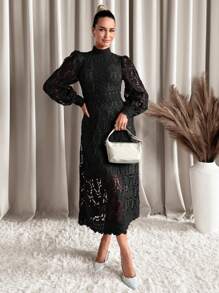 Lavishia 女士优雅浪漫蕾丝泡泡袖中长连衣裙，情人节连衣裙 - 黑色 - 查看 7