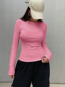 DAZY 女士纯色圆领粉色长袖简约T恤，休闲日常穿着，秋季学院风上衣，保暖内衬，冬季 - 玫紅色 - 查看 6