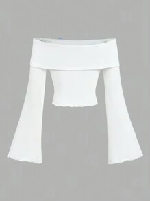 SHEIN Girlism Tween Girl 罗纹针织蓝色蝴蝶露肩喇叭袖 T 恤，法式时尚，适合圣诞节、新年、派对、春季