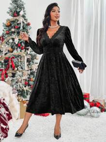 Celure Vestido midi elegante de terciopelo burdeos para fiesta/ocasión/casual, con cuello en V, parches de encaje, mangas farol, mangas largas y cierre con botones en línea A con abertura