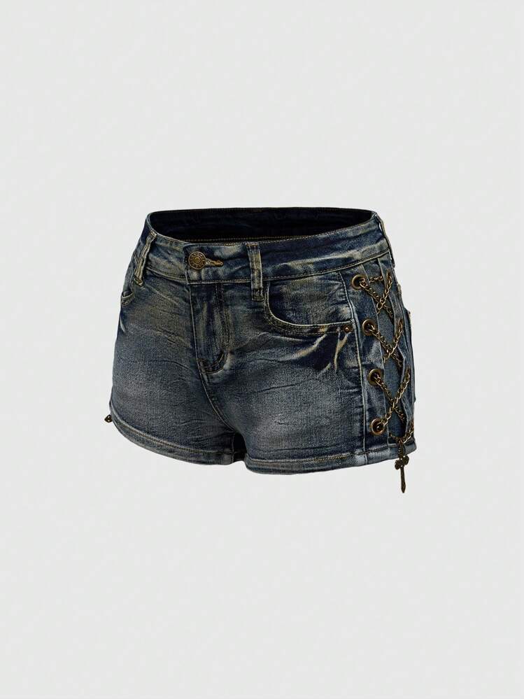 ROMWE Grunge Punk Shorts Mini Cintura Baixa com Decoração de Cruz