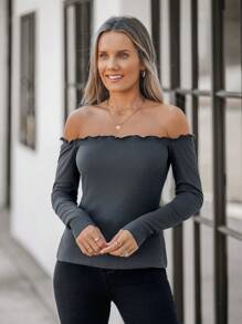 SHEIN LUNE Damska głęboko szara prążkowana koszulka z odkrytymi ramionami - Ciemnoszary - Zobacz 5