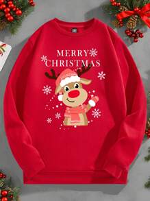 Manfinity Homme Manfinity Christmas Snowflake & Reindeer Family Print Crew Neck Standard Fit Casual Pullover Sweatshirt, Red - Red - View 2