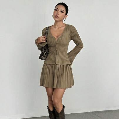 케이블 플레어 슬리브 크롭 가디건과 플리츠 미니 스커트 세트, 귀엽고 재미있는 스웨터 의상