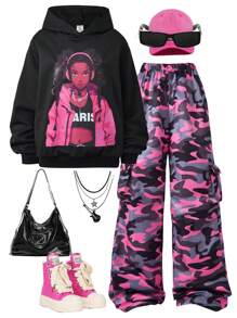 SHEIN Explorewe Tween Girls Cute & Cool Girl Portrait Printed Hoodie With Pink Camouflage Pants, Street Fashion