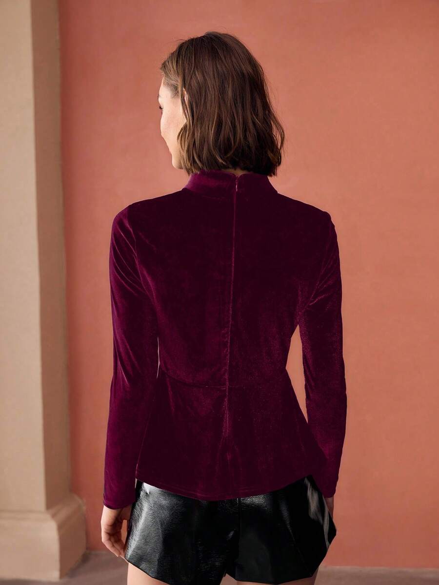 MOTF PREMIUM CONTRAST MESH VELVET BUTTON FRONT SHIRT - Burgundy - View 2