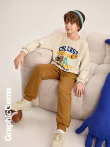 2pcs/Set Tween Boys Round Neck Long Sleeve Letter Print Casual Top And Pants Set - Multicolor - View 5