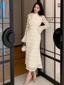 DAZY Váy đuôi cá tay loe thắt nơ cổ bán rùa, chất liệu vải họa tiết, thời trang xuân/hè, dành cho ngày lễ tình nhân, ngày lễ thu, đông - trắng - Xem 6