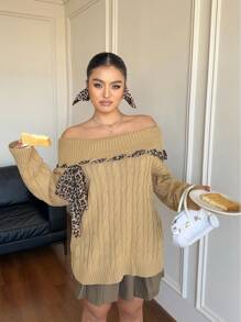 SHEIN Unity Plus Size Sexy Open Shoulder Leopard Print Ribbon Cable Knit Pullover Sweater, Autumn/Winter Knit Pullover Fall - Apricot - View 3