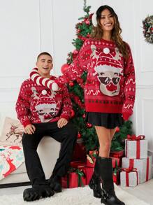 Manfinity VCAY Unisex Deer & Fawn Pattern Loose Raglan Crew Neck Pullover Sweater, Suitable For Christmas, For Fall Winter - Red - View 6