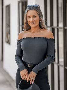 SHEIN LUNE Damska głęboko szara prążkowana koszulka z odkrytymi ramionami - Ciemnoszary - Zobacz 6