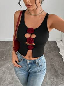 SHEIN Unity Camiseta sin tirantes con decoración floral versátil para mujeres, primavera/verano - Negro - Ver 5
