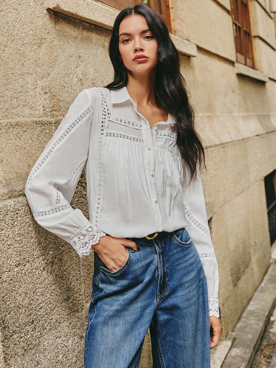 Poéselle 女式纯色前扣长袖蕾丝边休闲衬衫 - 白色 - 查看 1