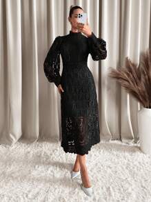 Lavishia 女士优雅浪漫蕾丝泡泡袖中长连衣裙，情人节连衣裙 - 黑色 - 查看 5