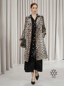 Aveloria Modichic Retro Leopard Print Canvas Belt Double-Breasted Design Fashionable Mid-Length Trench Coat, Autumn/Winter Fall Cloth For Women - Multicolor - View 7