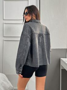 EURMUSE CASUAL BIG POCKET FRAYED HEM DENIM JACKET - Grey - View 2