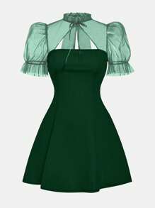 SHEIN Girlism 少女针织拼布透明网眼荷叶边领蝴蝶结泡泡袖连衣裙