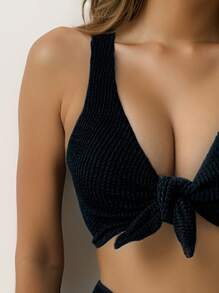 SHEIN Swim Summer Beach Knot Front High Waisted Bikini Set - Black - View 4