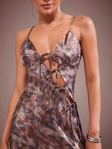 Hauture Elegant Sexy Tie Front Tie Dye Print Holiday New Year Party Maxi Dress