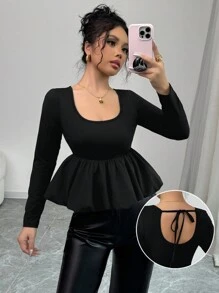 Chiquease تيشيرت كاجوال فضفاض بأكمام طويلة وياقة على شكل حرف U للنساء، ألوان سادة، خريفي - الأسود - مشاهدة 1