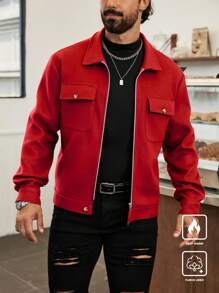 Manfinity Homme Men's Casual Solid Color Short Style Jacket, Autumn,Red Winter Men Jacket,Fall Men Clothes,Men's Long Sleeve Padded Coat