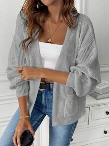 SHEIN LUNE 女式口袋撞色短开衫 - 灰色 - 查看 1